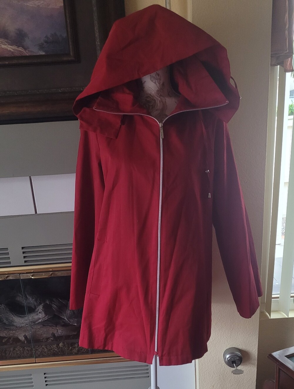 Calvin Klein Red Hooded Trench Coat with Zip Front